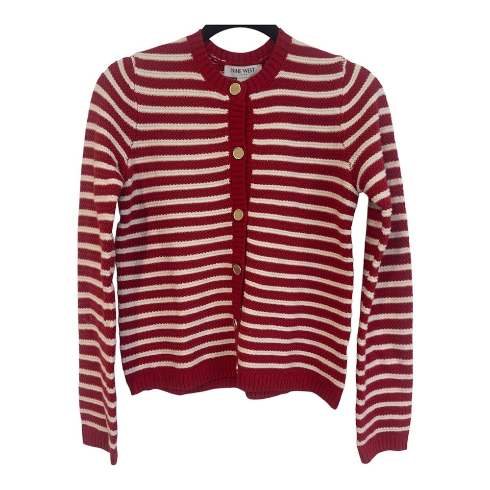 Nine West Red White Striped Button Front‎ Cardigan Sweater XS DNWS3328 Wanda